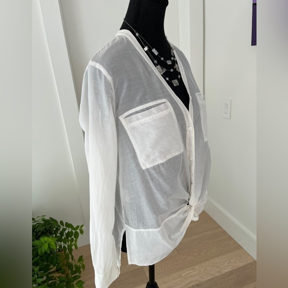 BCBGMAXAZRIA Semra Sheer Button Front Blouse V Neck Twist Detail Feminine Chic - Picture 3 of 16